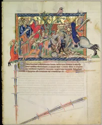 Ms LA 139-Lisboa fol.26騎士を見ている2人の目撃者がグルベンキアンの黙示録から2人の目撃者を踏みにじる、c.1265-70